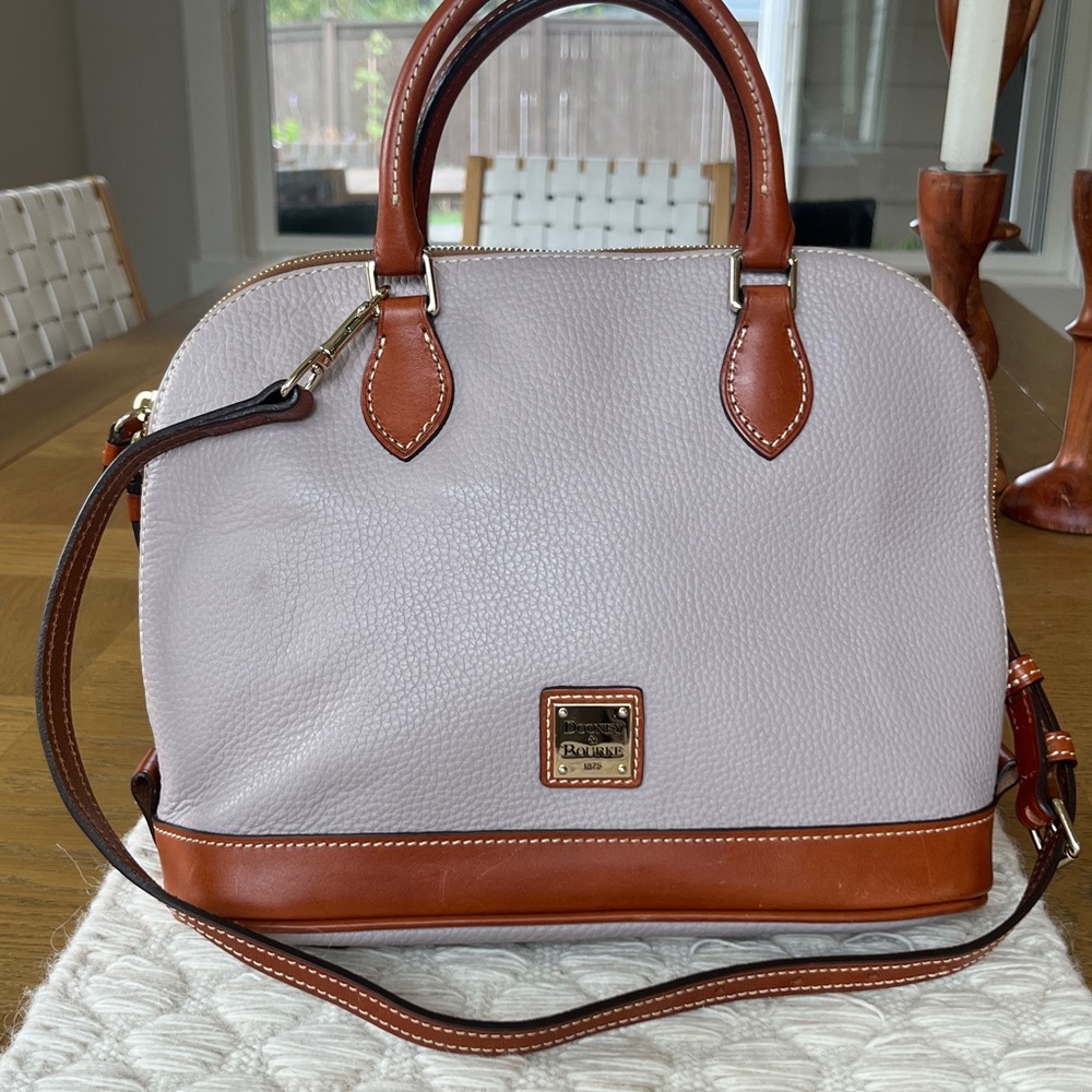 Dooney & Bourke Gray Lavender Pebble Grain Leather Zip Top Handle Satchel Bag